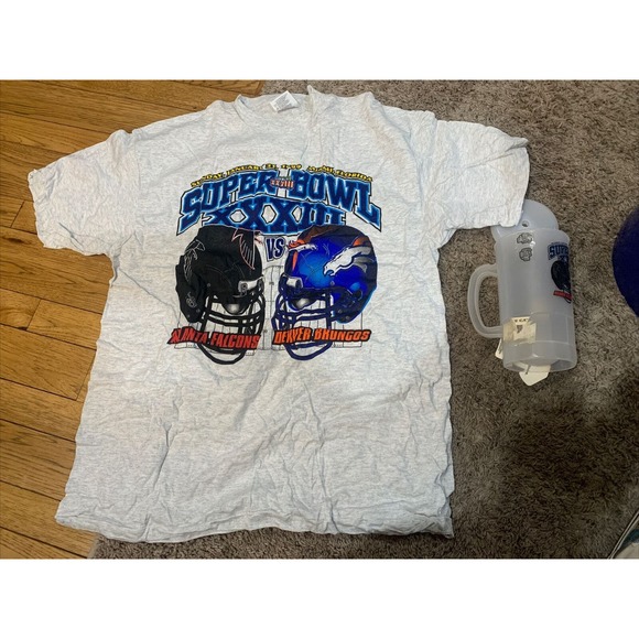 Super Bowl Tee Shirt Cup Set XXXIII 33 Atlanta Falcons Denver Broncos NOS New - Picture 1 of 7